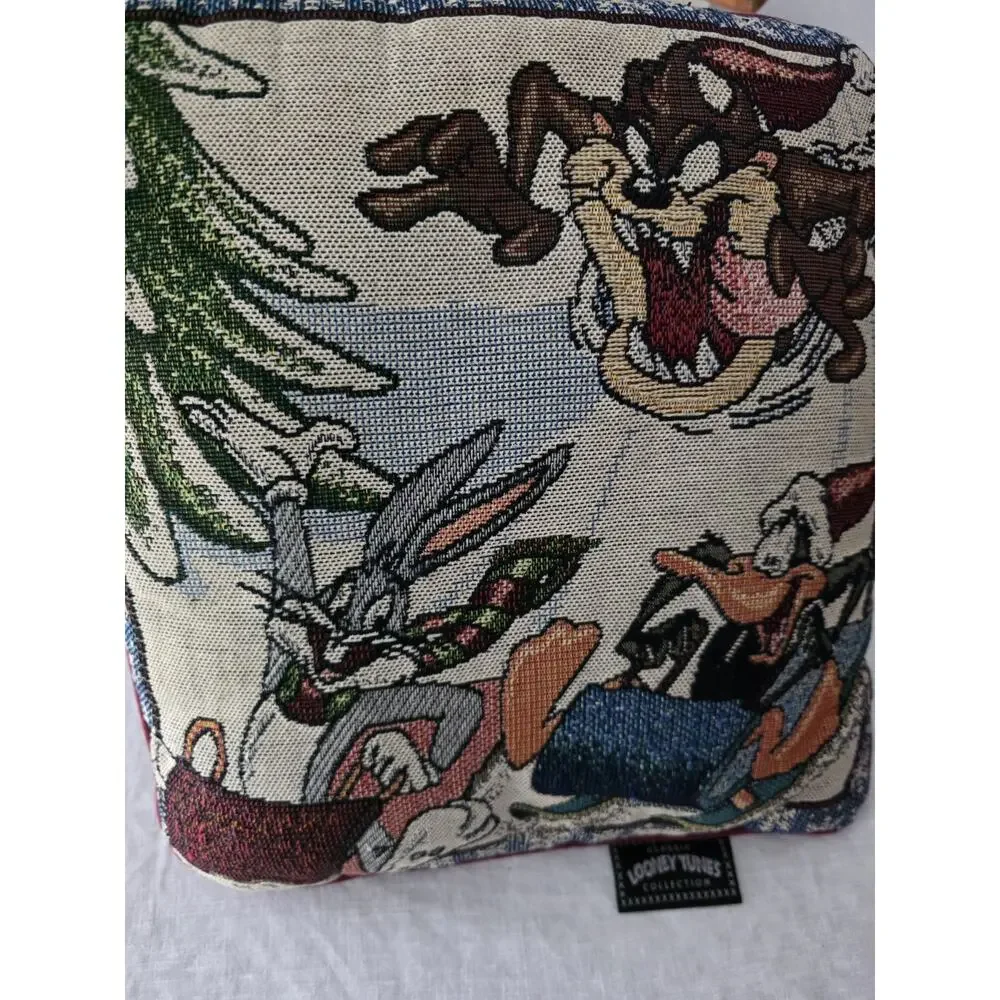 Vinrage Looney Tunes Christmas Tapestry Pillow Woven Warner Bros Rare 1998